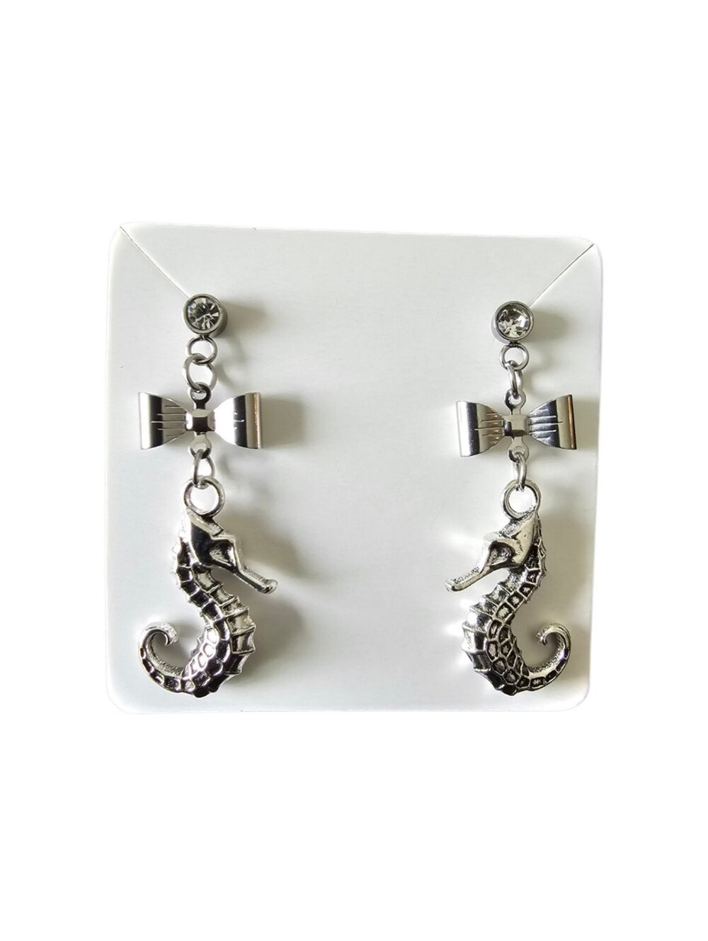 Handcrafted Silver Tone Seahorse Drop Earrings with Bow Accents